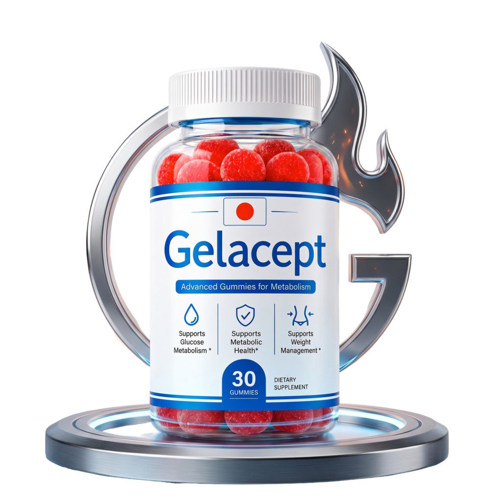 A bottle of Gelacept red gummies on a silver pedestal